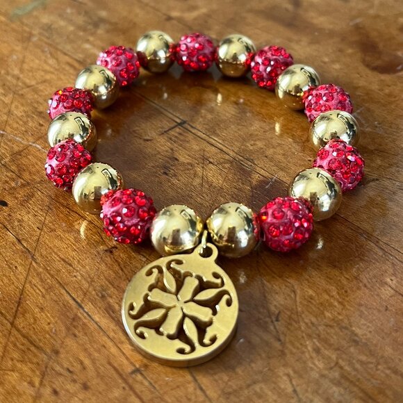 Rustic Cuff Red Pave Shambala and Gold Stainless Beads Stretch Bracelet - Picture 2 of 3
